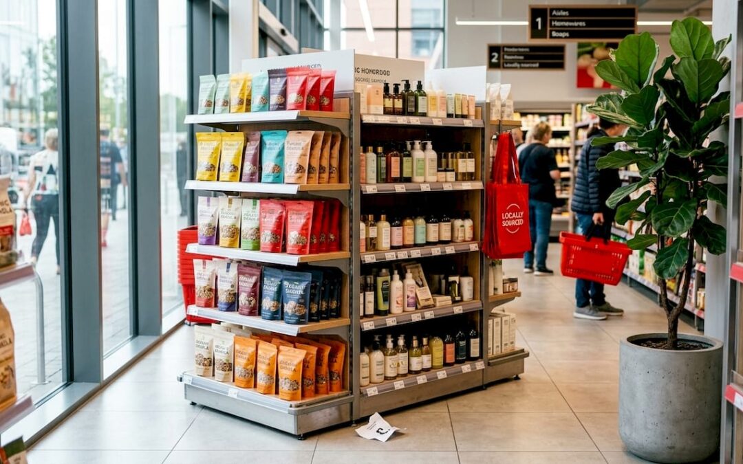 Freestanding retail display unit in supermarket aisle