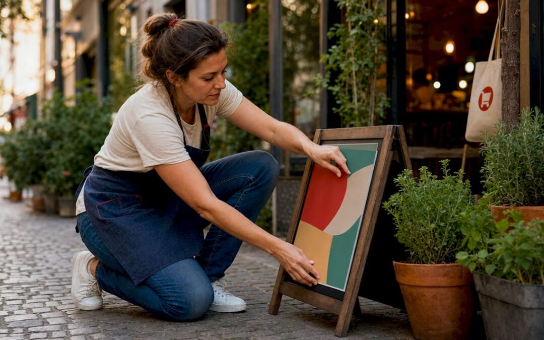 Cafe manager setting up A-frame menu stand outside