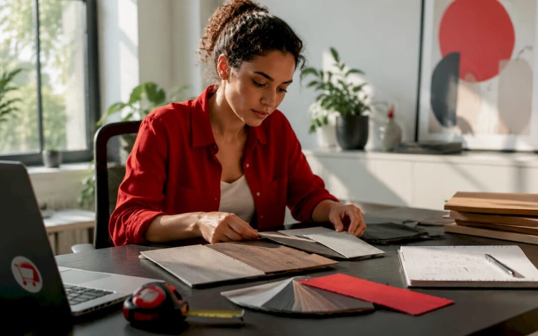 Small retailer reviewing shopfitting materials samples