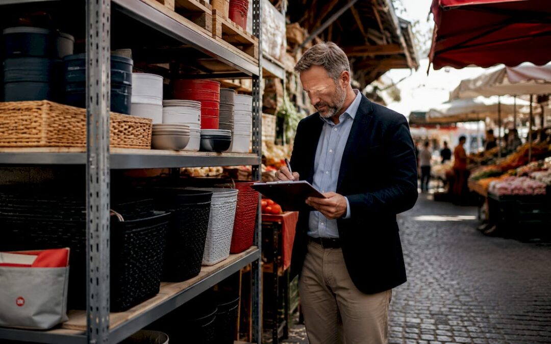 Store manager inspecting retail shelving load