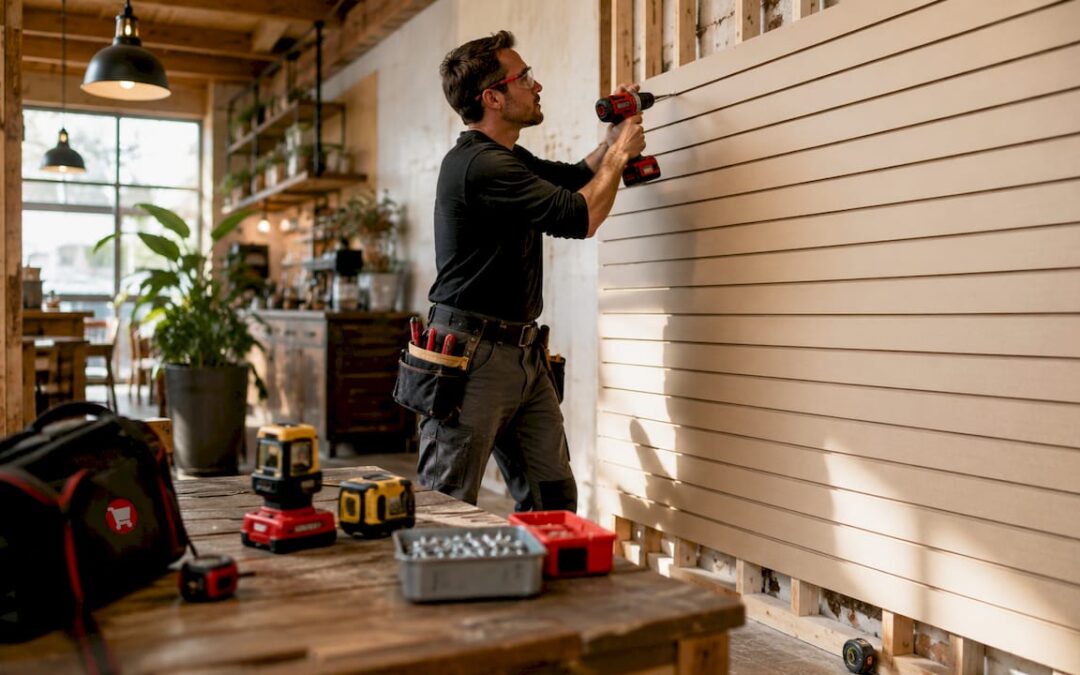 Installer mounting slatwall panel in boutique