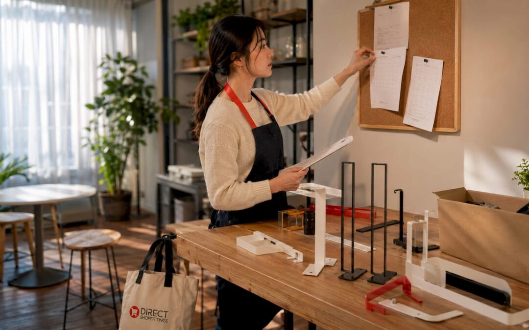 Retail owner arranging shopfitting supplies