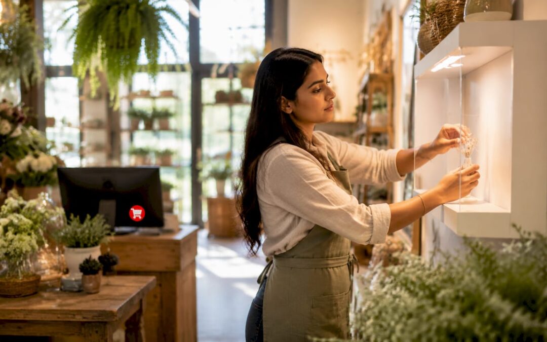 Store manager arranging product in shadow box